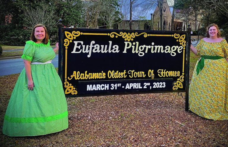 WELCOME TO EUFAULA PILGRIMAGE Pilgrimage Chair Laney McWhorter and Co-Chair Amy White are shown welcoming pilgrims to the Eufaula Heritage Association’s 56th Pilgrimage.